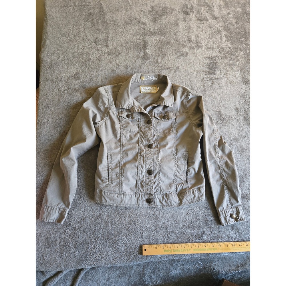 Aventura Utility Jacket Women Medium Taupe Organic Cotton Trucker Excellent Boho